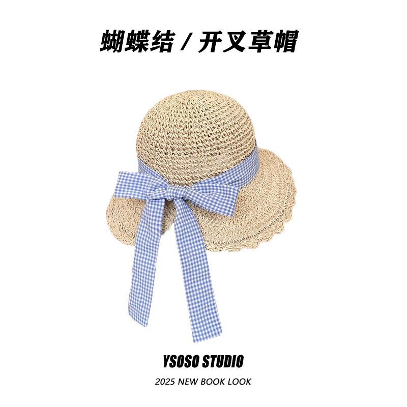 Japanese-style sweet bow-tied straw hats for women's summer seaside vacation and outings, sun hats and sun-protective straw woven hats are in trend
