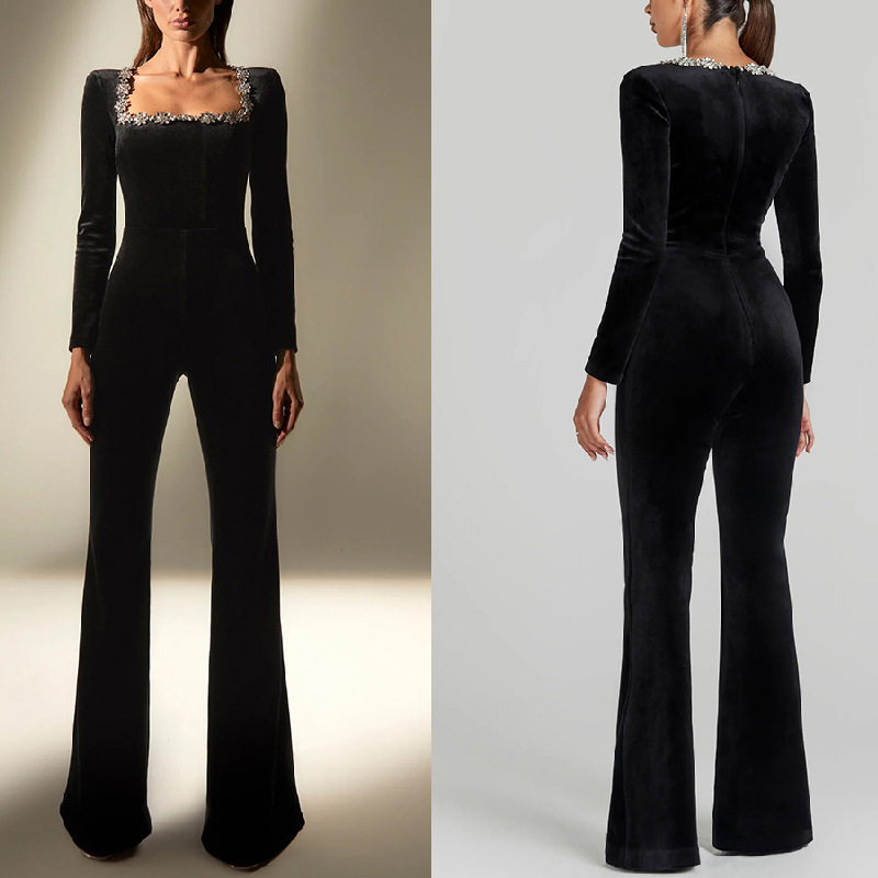 Cross-border 2025 new style European and American diamond-encrusted velvet square-neck long-sleeved high-waisted slim-fit flared jumpsuit from the independent foreign trade station