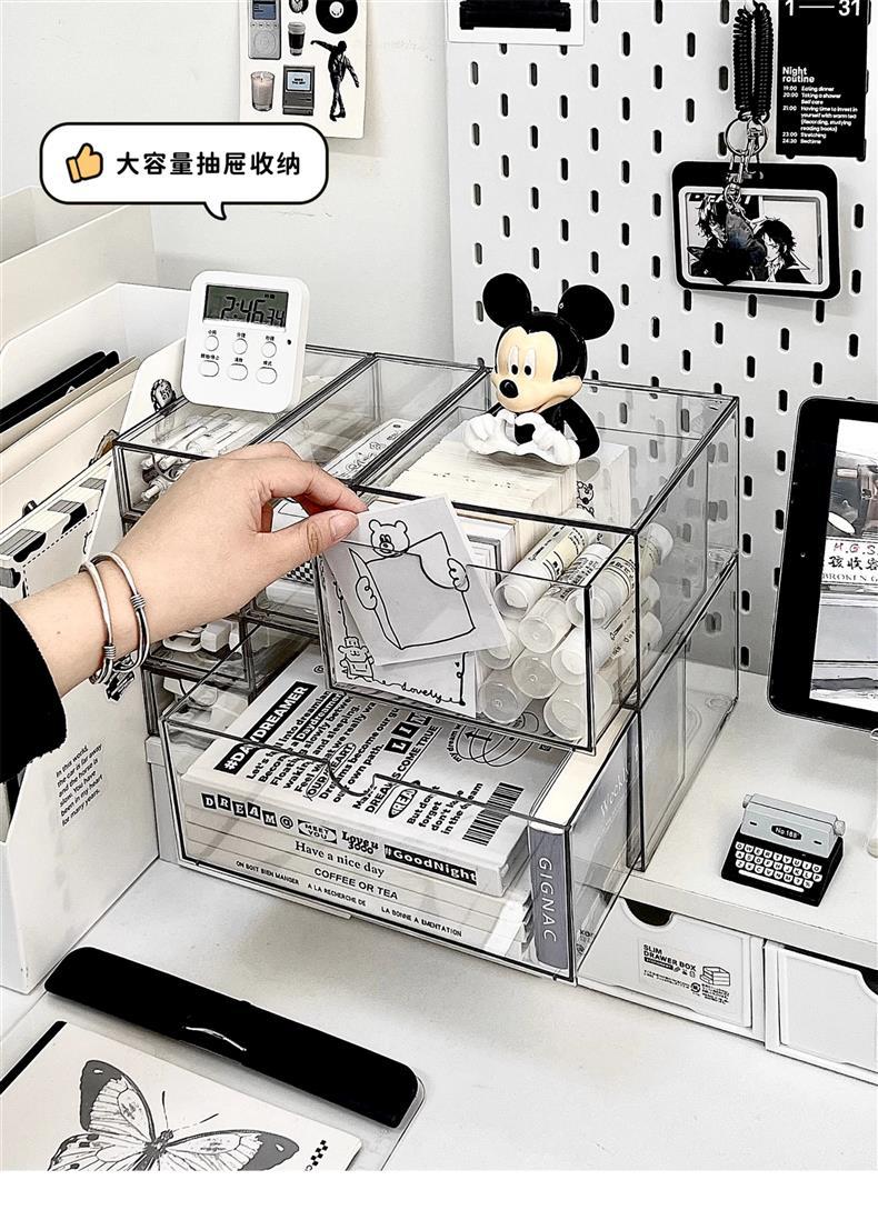 桌面抽屉式收纳盒透明亚克力文具杂物盒办公桌化妆品面膜置物架柜详情20