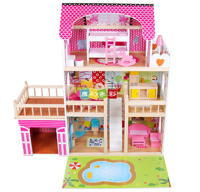 Children's big villa doll house toys wooden play house toy house children dream of happy city simulation play house details Picture