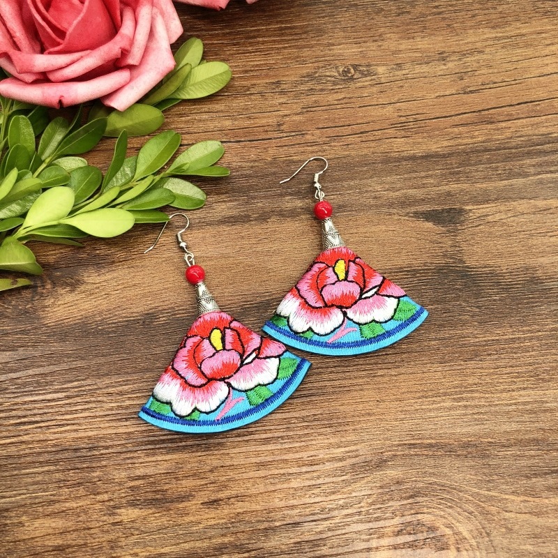 Hand-Embroidered Retro Ethnic Style Fabric Earrings Flower Fringe All Match Feminine Stage Performance Earrings Drop Earrings details Picture