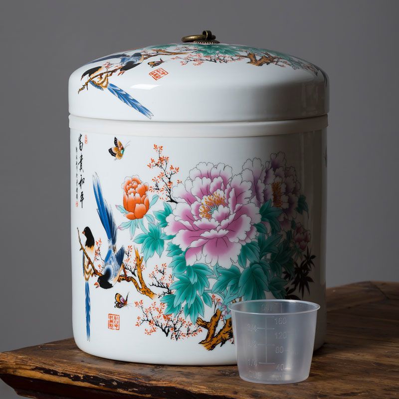 Jingdezhen ceramic rice jars, rice buckets with LIDS, moisture-proof and insect-proof sealed rice storage tanks, household flour buckets, large tea cans