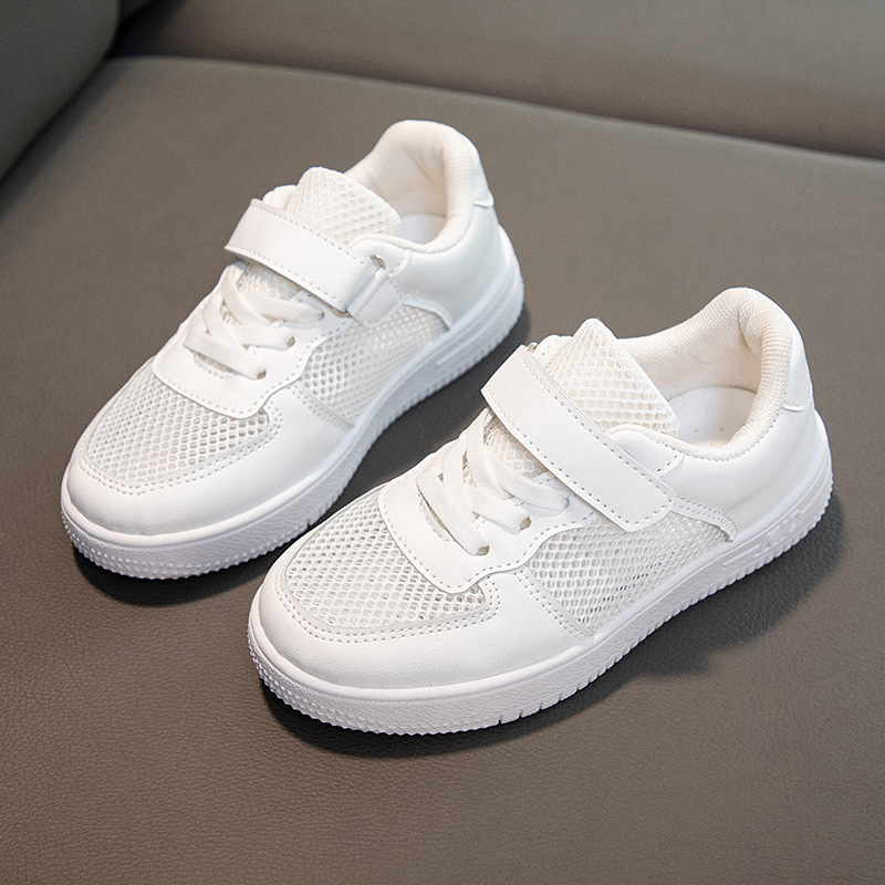New children's white sneakers with mesh and leather surfaces, Velcro sports shoes for boys and girls, school performance, white shoe trend details Picture