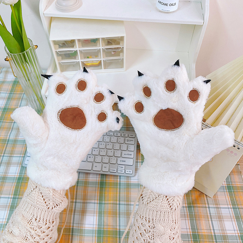 The winter version of the cute Korean student's plush and thickened cartoon cycling bear paw warm full-finger glove girl in winter details Picture