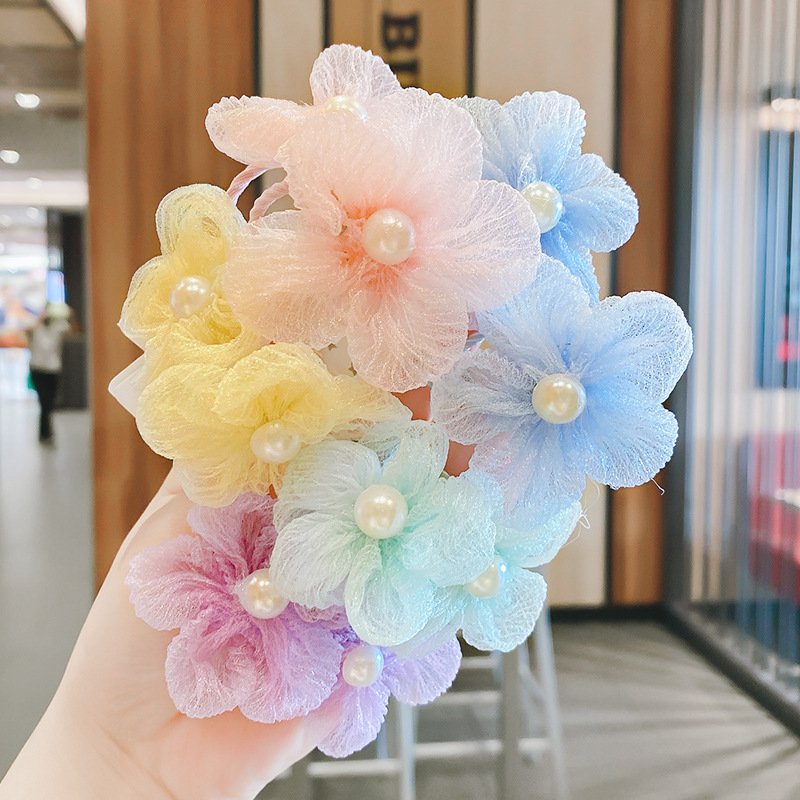 South Korea For Children's Hair Rope Organza Five-Petal Flower Hair Circle Girls Tie Headwear Does Not Hurt The Hair Red Cute details Picture
