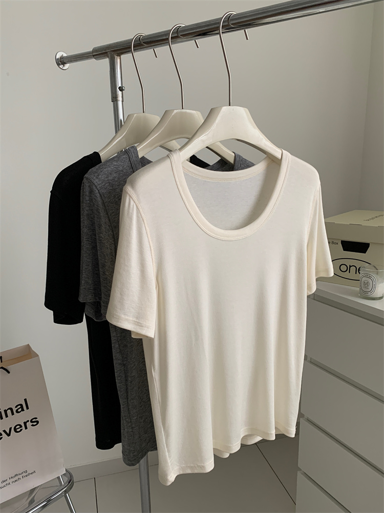 Comfortable Tencel wool U-neck T-shirt for women, light and drape, laid-back and slimming, solid color straight-shoulder short-sleeved summer new style