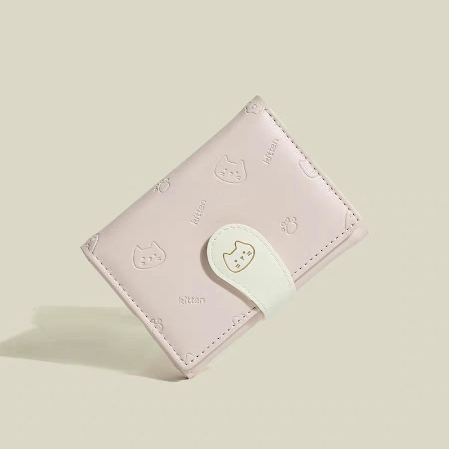 【猫咪小尾巴】韩版可爱女士卡包时尚扣带PU短三折零钱包wallet