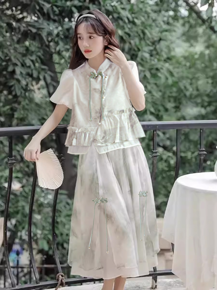 New Chinese-style traditional Chinese style improved Han element dress daily set, petite student best friend summer button-up cheongsam girl Item Picture