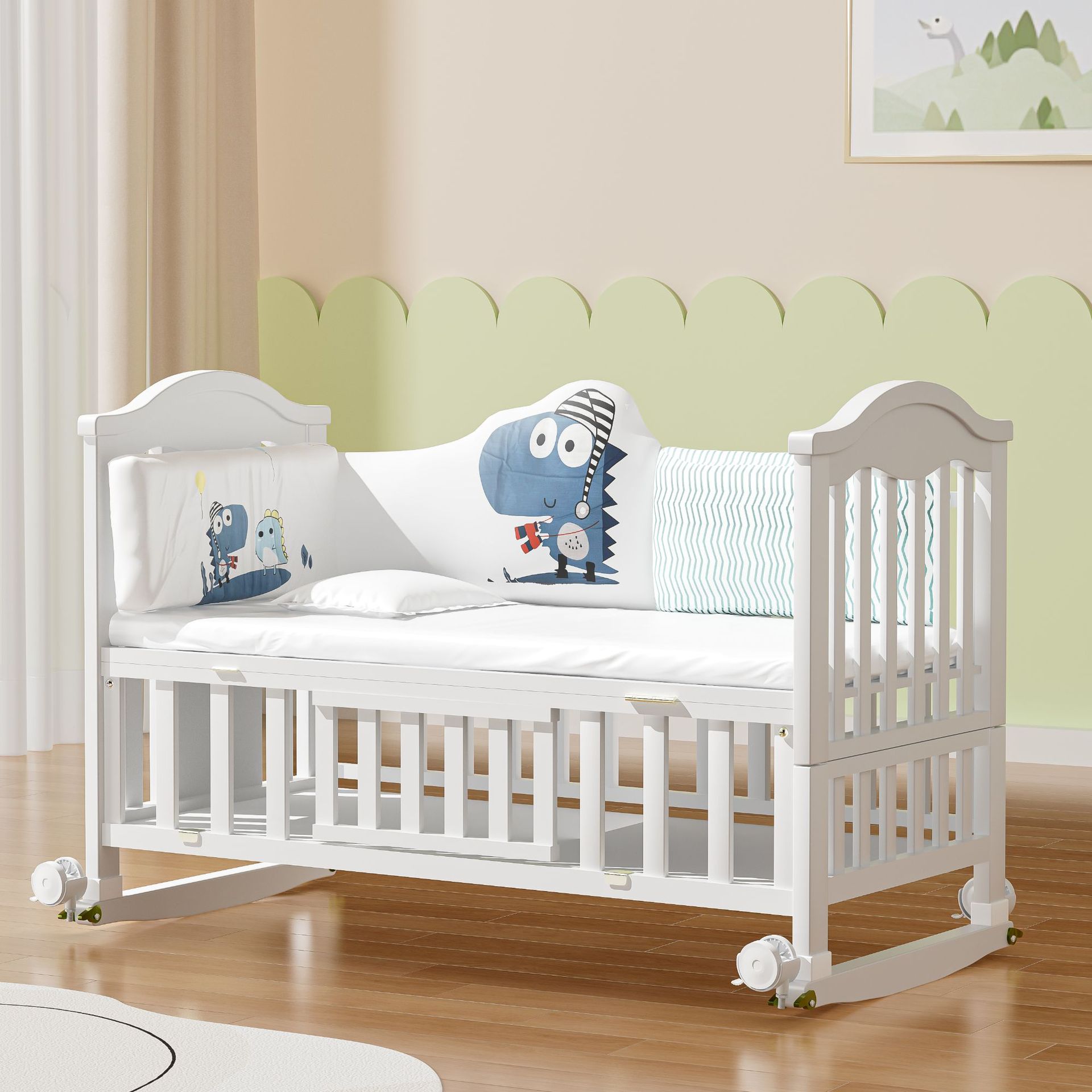 Solid wood European-style movable baby bed, multi-functional cradle for newborns, children's spliced large bed details Picture