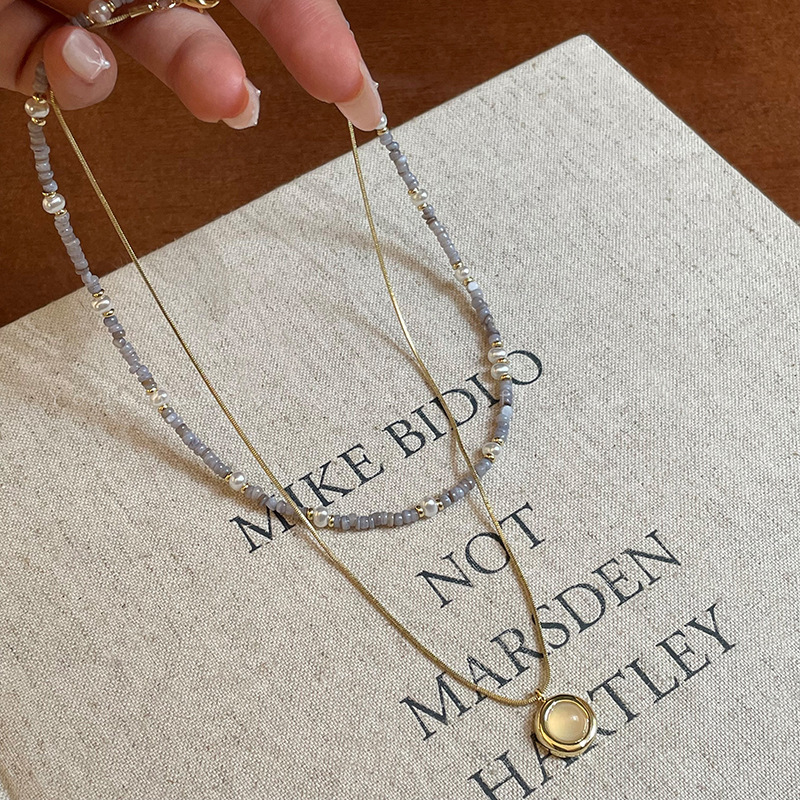 New light luxury, niche and high-end collarbone chain 24k exquisite and versatile natural stone pearl layered necklace accessory for women Specification image