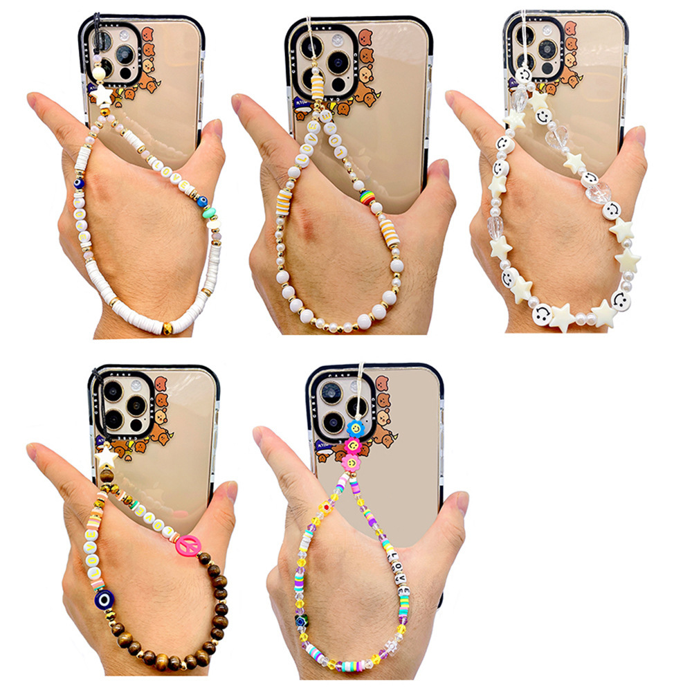 European and American DIY colorful letter mobile phone chain Love smiling face beaded mobile phone hanging chain soft clay mobile phone hanging rope details Picture