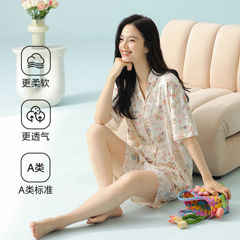 【 Antibacterial Xinjiang Cotton 】 Spring and summer pajamas, summer pure cotton women's Class a cartoon style Stretched-frame cotton short-sleeved home wear Specification image