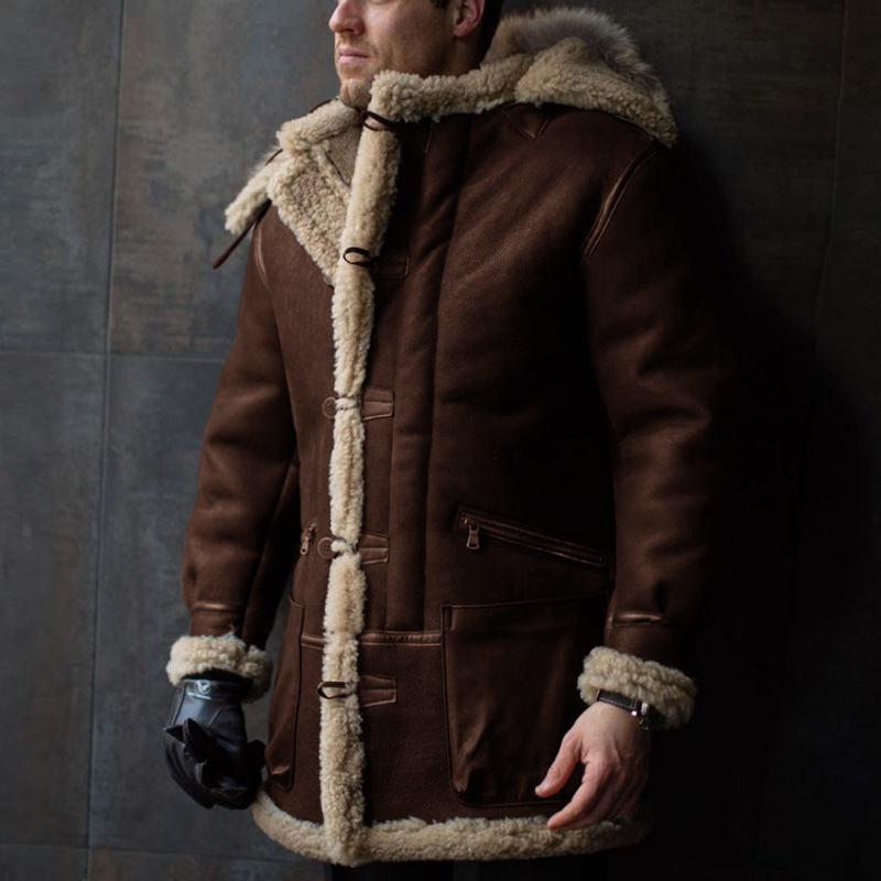 2021wish European and American solid-color fur one-piece hooded single-breasted overcoat, zipper pocket loose warm cotton-padded jacket for men Specification image