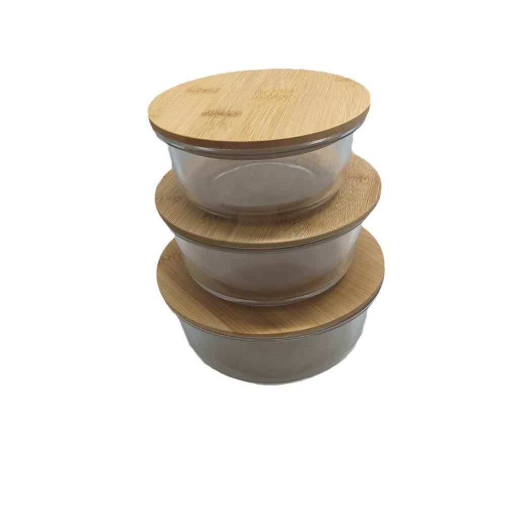 Round Bamboo And Wood Cover Glass Crisper 3-Piece Rectangular Bamboo Cover Low Borosilicate Crisper Wholesale Rs-201881 Item Picture