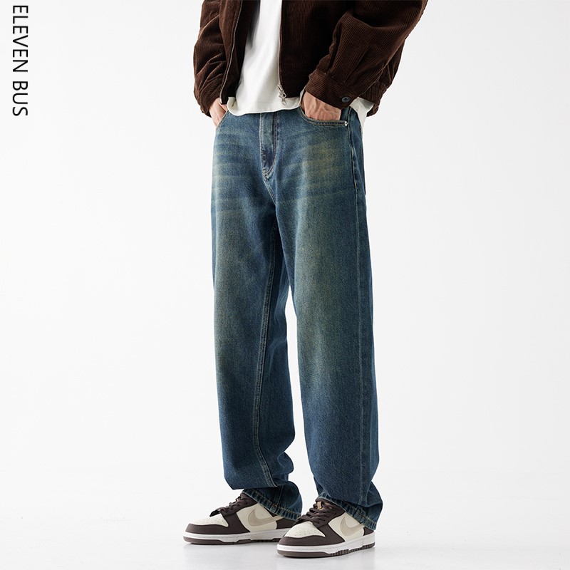 New men's loose washed vintage wide-leg jeans for autumn and winter, American high street fashion brand men's long pants details Picture