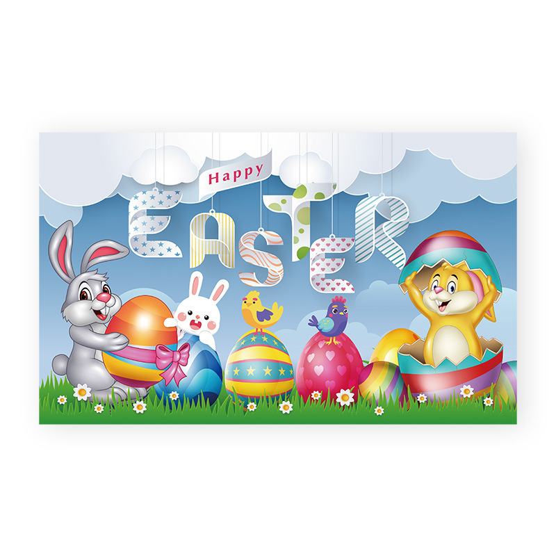 新款复活节横幅蓝天白云草地可爱兔子彩蛋小鸡背景装饰可设计图案详情图4