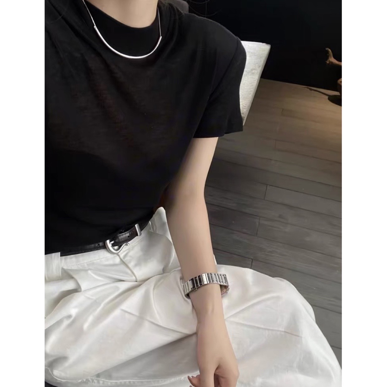 Tencel mask short-sleeved T-shirt for women 2024 Summer New Korean style fashionable slimming simple solid color T-shirt round neck top Application Scenario