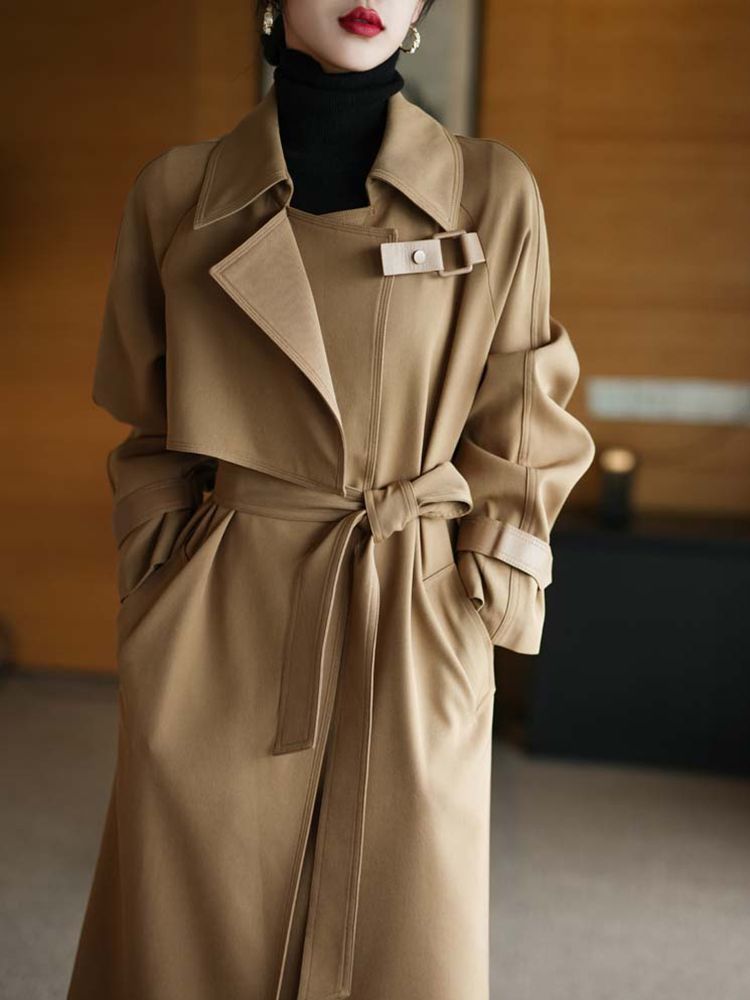 High-end and elegant long khaki trench coat for women in spring 2025, a loose, wrinkle-resistant and drape British style coat Item Picture