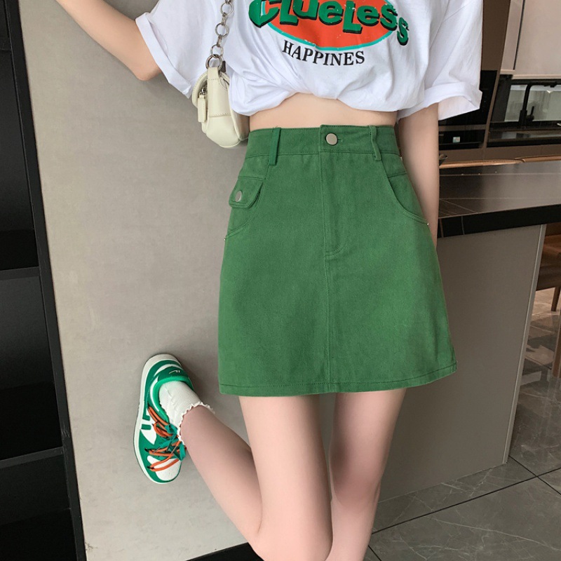 Real Video Small Green Skirt Female Ins2023 Autumn New High Fanny Pack Hip A-Line Skirt Skirt