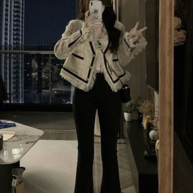 Large Size Sweet Korean Version Of The New Color Contrast Braided Fringe Design Sense Of Small Fragrance Style Long Sleeve Blouse Female Coat details Picture