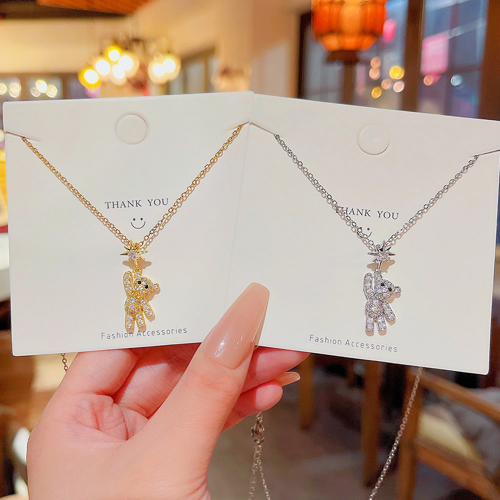Light Luxury Flash Diamond Bear Pendant Ins Style Hip Hop Necklace For Women With A Sophisticated Sense Of Simple New Collarbone Chain Accessories