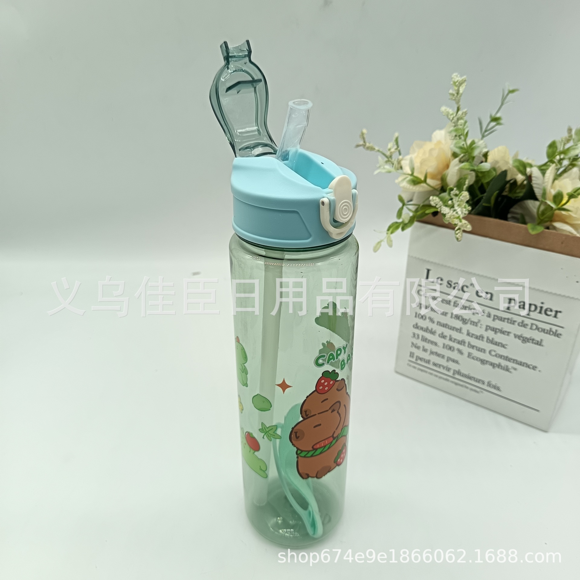 The 900ml transparent Kapibala-patterned children's water cup, student sports water bottle, and portable cup with a handle details Picture