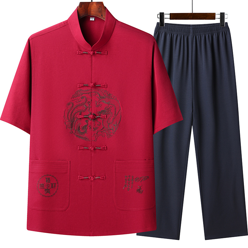 Summer Chinese trend short-sleeved Tang suit for middle-aged and elderly men, ice silk summer suit set, dad's Chinese men's clothing, Tai Chi suit set Application Scenario