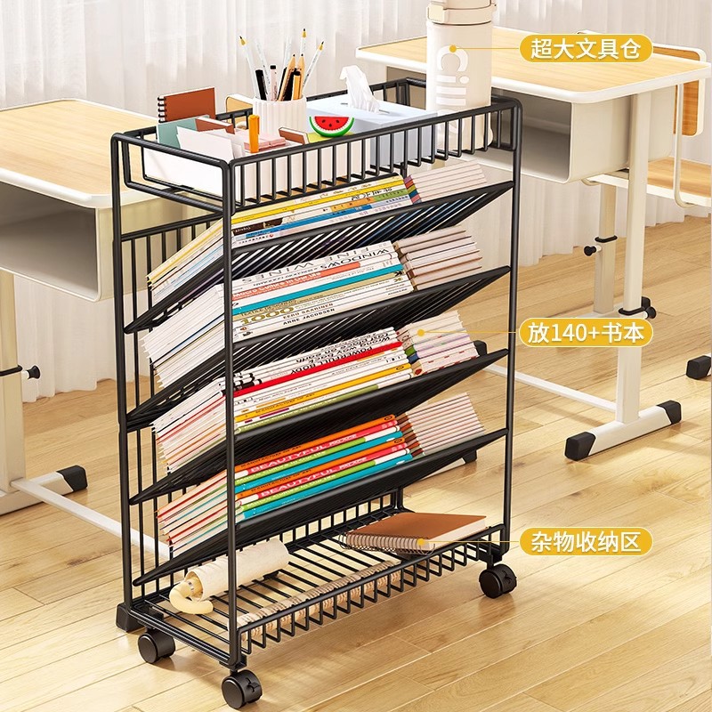 Simple multi-layer book organizing rack, floor-standing wheeled movable book storage rack, edge iron bookshelf details Picture
