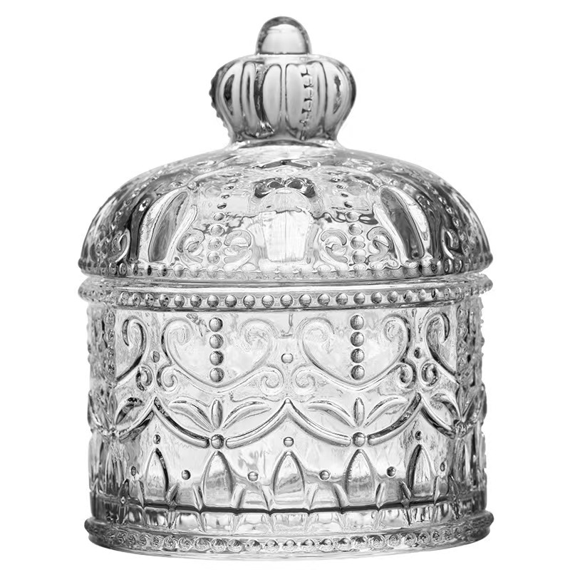 创意皇冠浮雕玻璃首饰盒 香薰蜡烛玻璃罐 复古水晶糖果罐储物罐白底实物图