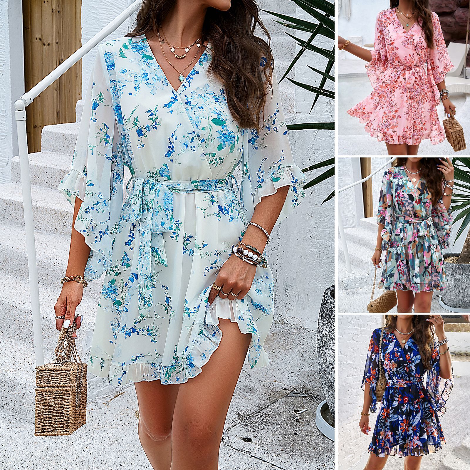 Vacation casual printed lace-on chiffon jumpsuit full figure