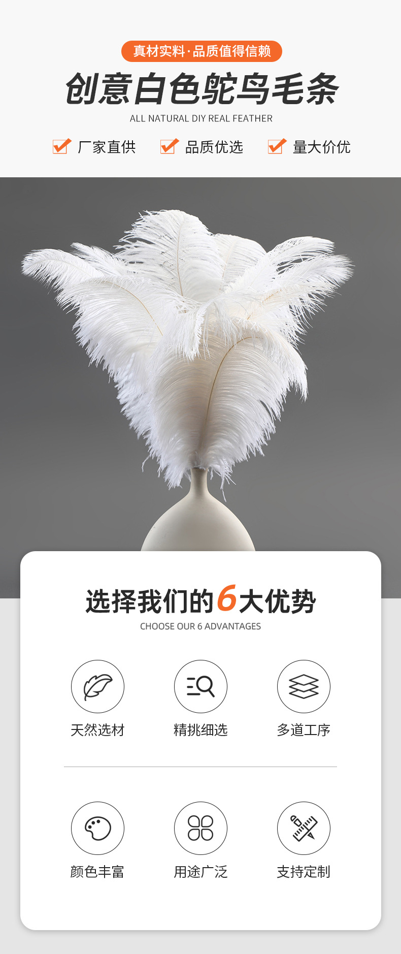 简约风优质细杆鸵鸟毛15-60cm白色羽毛可手工DIY居家摆件插花批发详情4