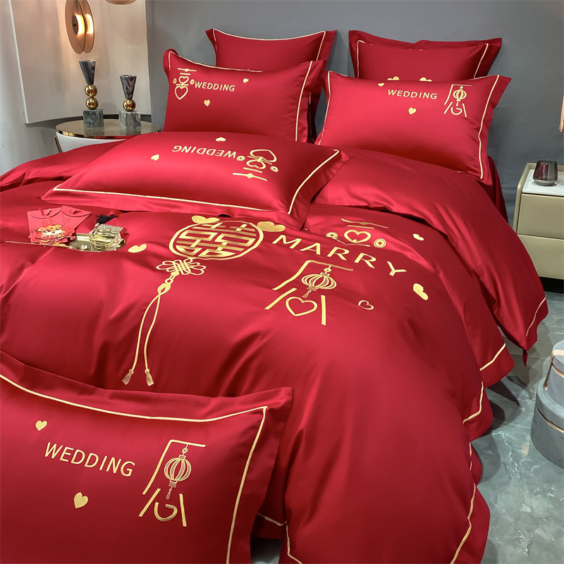 Wedding embroidered washed cotton festive four-piece set, solid red bed sheet, bed cover, brushed duvet cover, wedding room bedding Specification image