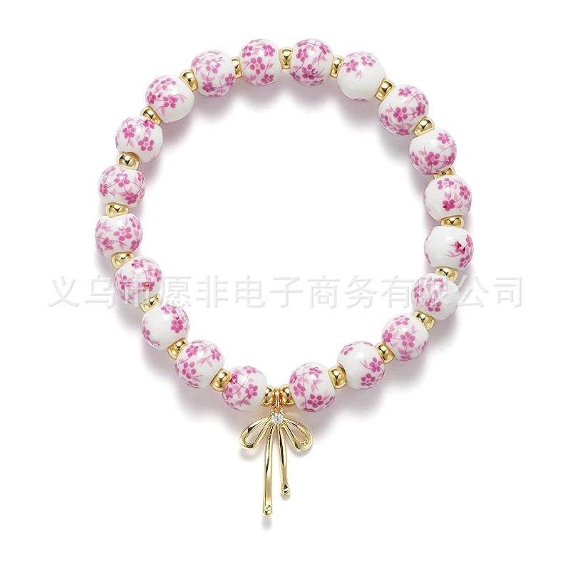 Cross-border best-selling bow pendants, multiple types of flower porcelain ceramic beaded bracelets, Chinese-style retro and elegant jewelry gifts details Picture