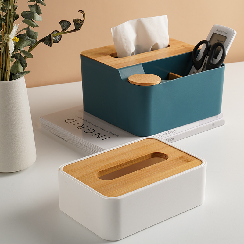 Multifunctional Wooden Desktop Tissue Box Household Living Room Plastic Remote Control Storage Box Simple Pumping Carton Logo
