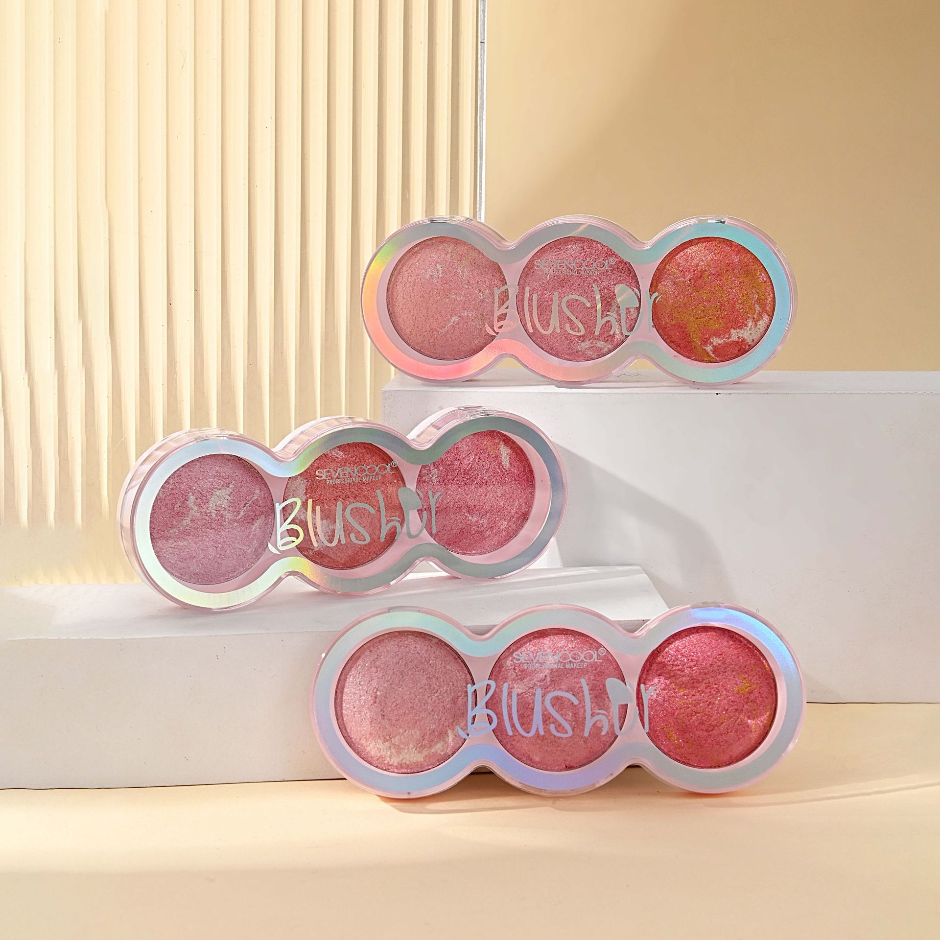 SEVENCOOL Three-color Blush Cross-border High-gloss Long-lasting Baking Powder Blush Affordable Cosmetics and Makeup Blush palette pic 3