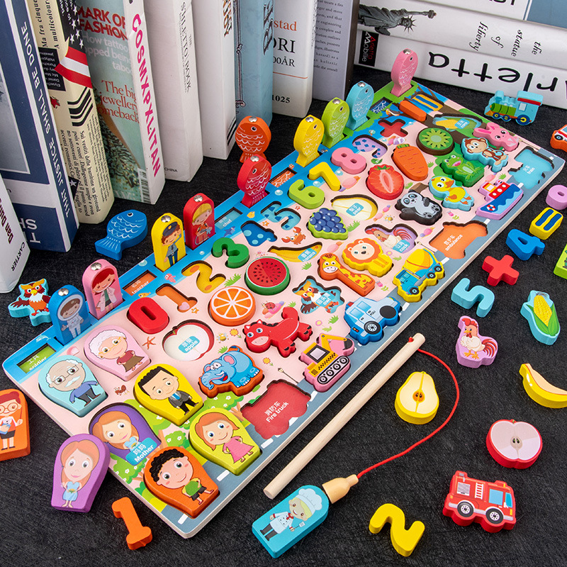 儿童多功能对数板认知水果动物数字配对玩具宝宝益智钓鱼1-2对板3
