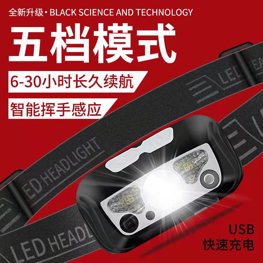 Cross-border led small headlamp, usb charging sensor night fishing lamp, portable strong light night running headlamp, outdoor miner's lamp details Picture