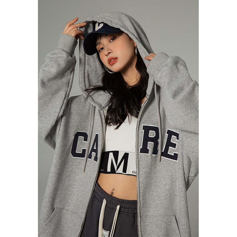 Hanlu Women's Clothing's American trendy brand hooded cardigan jacket 2022 Autumn new style Hip-hop loose embroidered hoodie for women