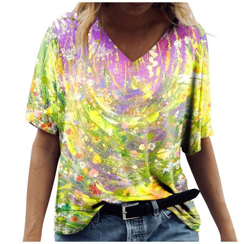 New Amazon T-shirt cross-border manufacturer supply, loose cross-border 3DV collar short-sleeved T-shirt for women with printed MJ from Europe and America Item Picture