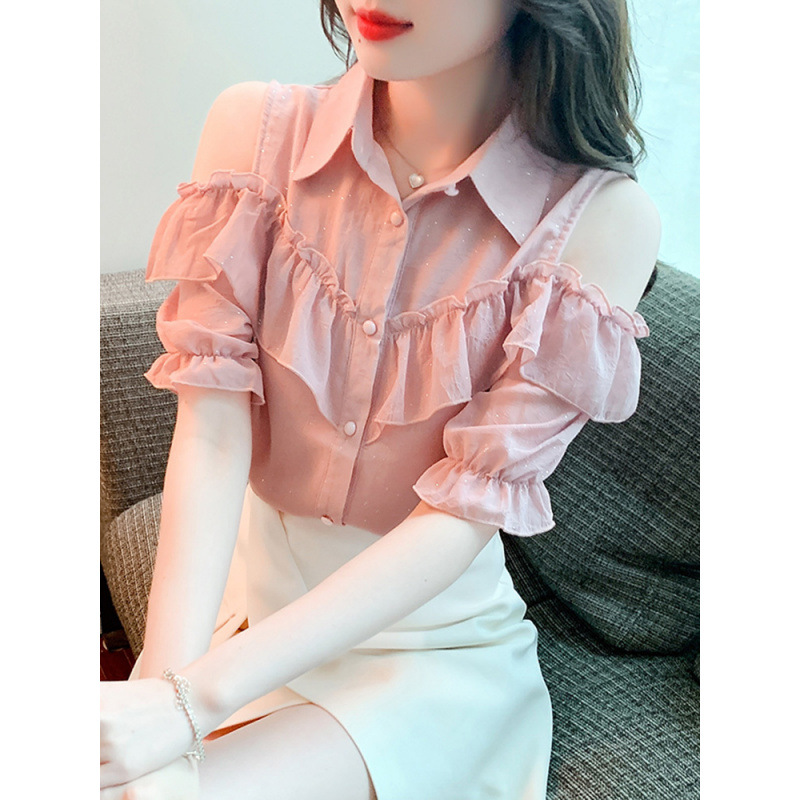 New design of short-sleeved chiffon shirt for women in summer, off-the-shoulder shirt with lotus leaf lace trim, elegant and slimming top Application Scenario