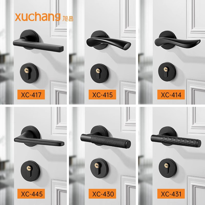 卧室门锁室内木门锁 美式分体锁具磁吸静音简约门把手黑色房门锁