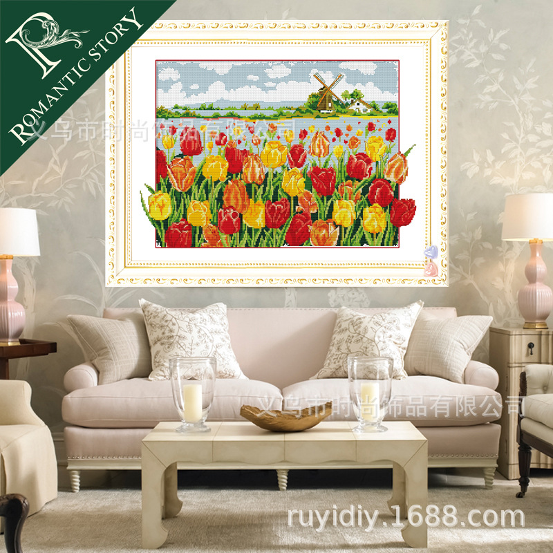 Hot-selling new wholesale cross-stitch diy decorative painting handicrafts, hand-made fabric art tulips details Picture