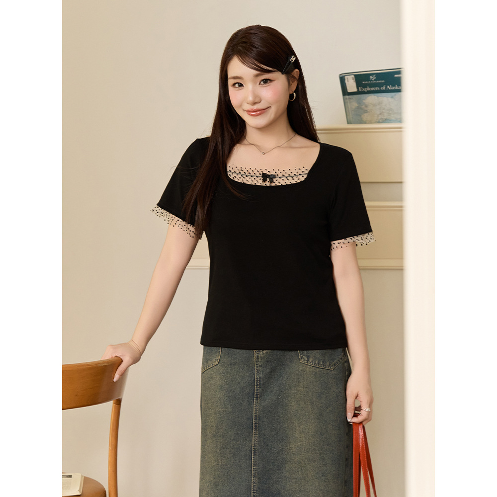 Light French style shoulder polka dot mesh patchwork top for plump girls, large size, slimming, versatile short-sleeved shirt 65378 details Picture