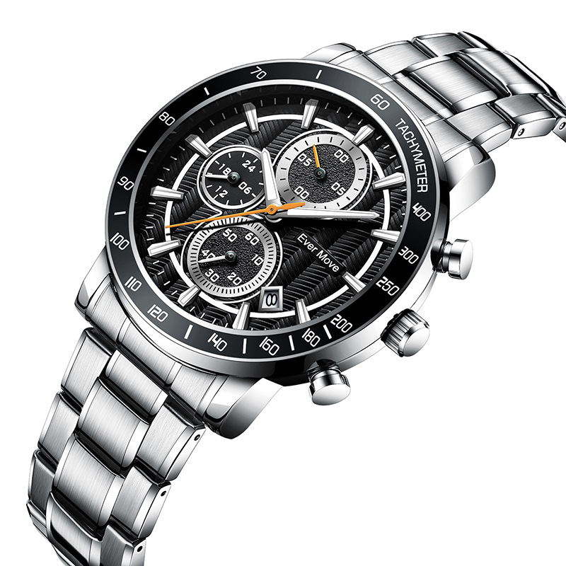 One-piece delivery of wave-patterned genuine nail six-hand business men's watches, stainless steel strap waterproof quartz watches Item Picture