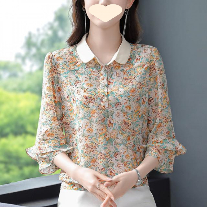 Floral print top for women, new summer loose short-sleeved T-shirt, chiffon shirt, three-quarter sleeve belly cover, middle-aged mother's shirt details Picture