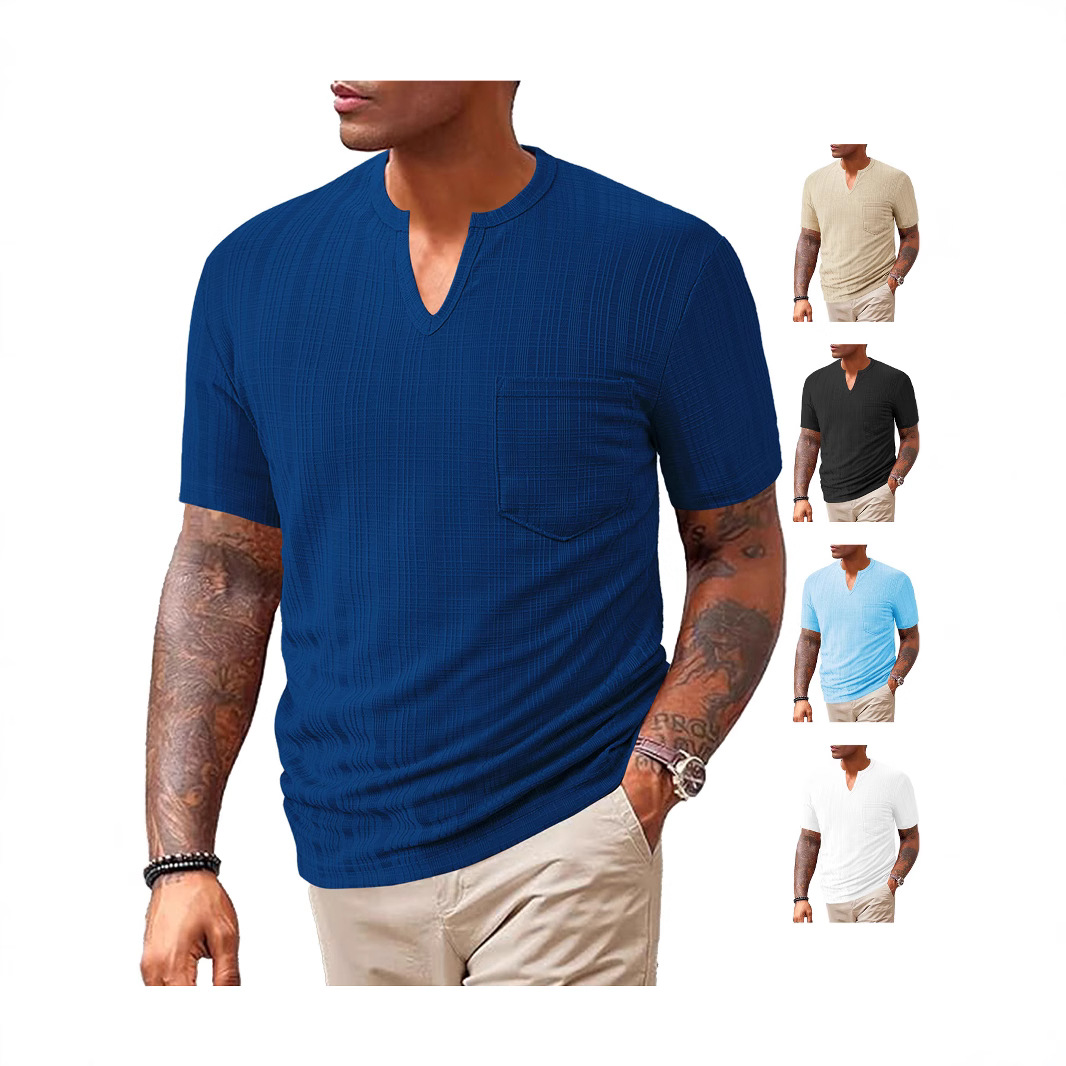 25 años cross border ropa de hombre europa y Estados Unidos verano nuevo deporte casual holgado color sólido 100% poliéster imitación de lino cuello V hombres manga corta Specification image