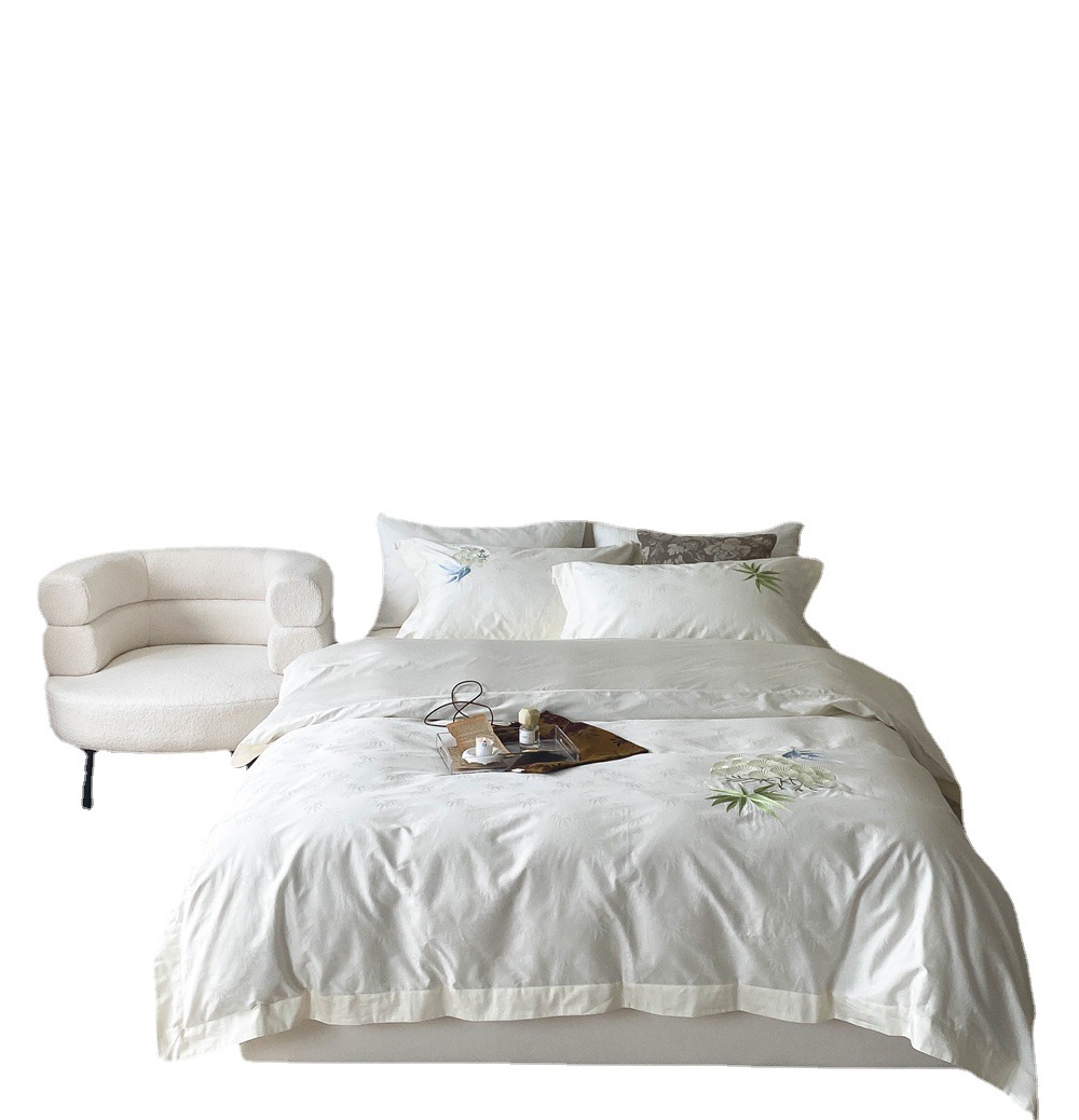 New Chinese style, 100-piece double-strand Australian cotton jacquard four-piece set, pure cotton embroidered quilt cover, model room bedding Item Picture