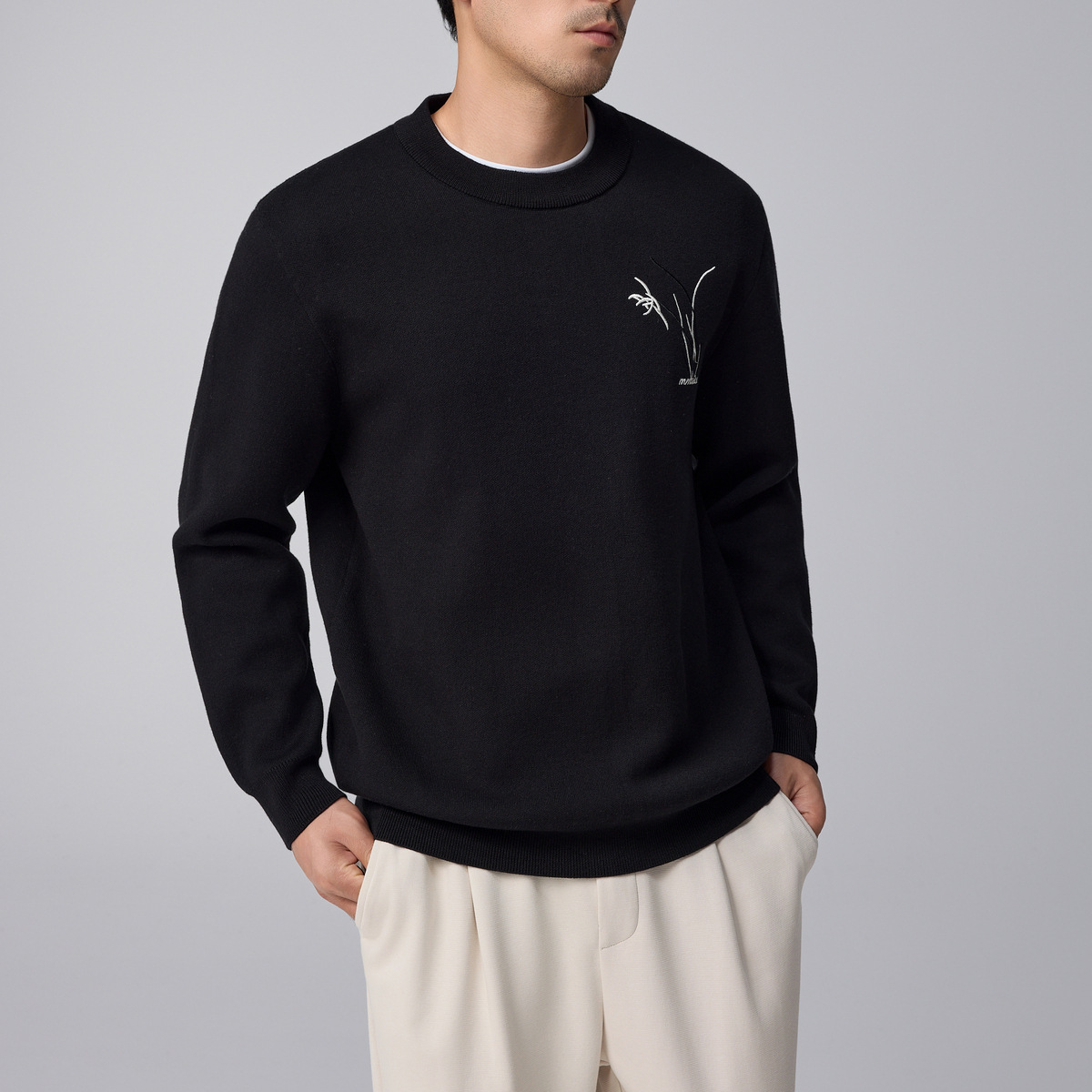 Momeck Men's Wear Orchid embroidery knitted sweater for men 2024 Winter New round neck Loose men's sweater 21837 Specification image