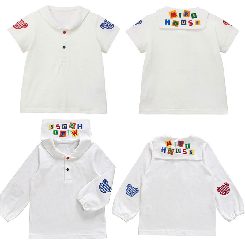 In-stock miki shirts for boys and girls, cartoon cute bear embroidered patches, navy collar short-sleeved T-shirts and shirts for delivery