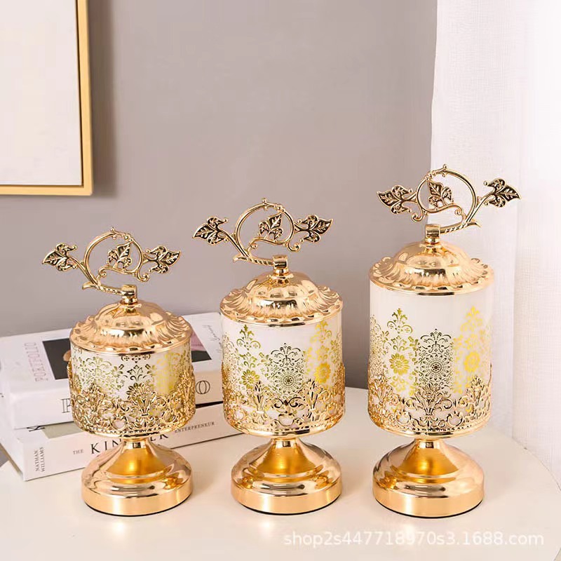 Gold Plated White Glass Storage Jar Printed Decoration Candy Jar Living Room Dry Fruit Storage Jar Three-Piece Swing Set Application Scenario